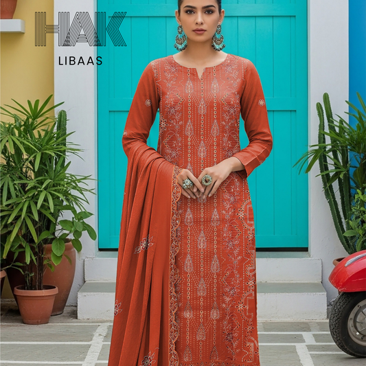 Peach Dhanak Embroidered 3 Piece Suit with Sequence & Laser Cut Lace by HAK Libaas - HF-206E