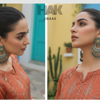 Peach Dhanak Embroidered 3 Piece Suit with Sequence & Laser Cut Lace by HAK Libaas - HF-206E