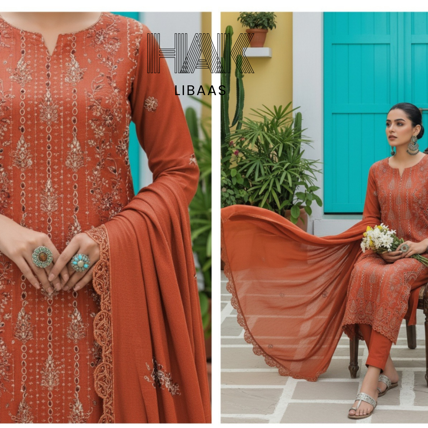 Peach Dhanak Embroidered 3 Piece Suit with Sequence & Laser Cut Lace by HAK Libaas - HF-206E