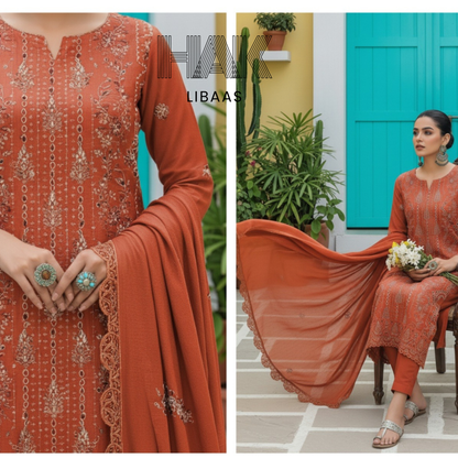 Peach Dhanak Embroidered 3 Piece Suit with Sequence & Laser Cut Lace by HAK Libaas - HF-206E