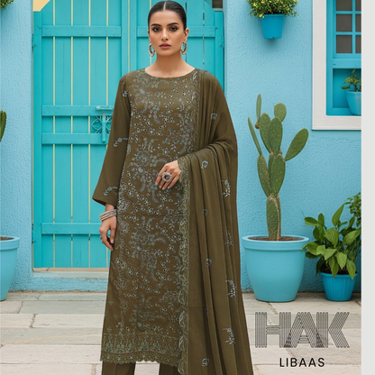Peach Dhanak Embroidered 3 Piece Suit with Sequence & Laser Cut Lace by HAK Libaas - HF-206F