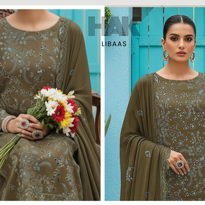 Peach Dhanak Embroidered 3 Piece Suit with Sequence & Laser Cut Lace by HAK Libaas - HF-206F