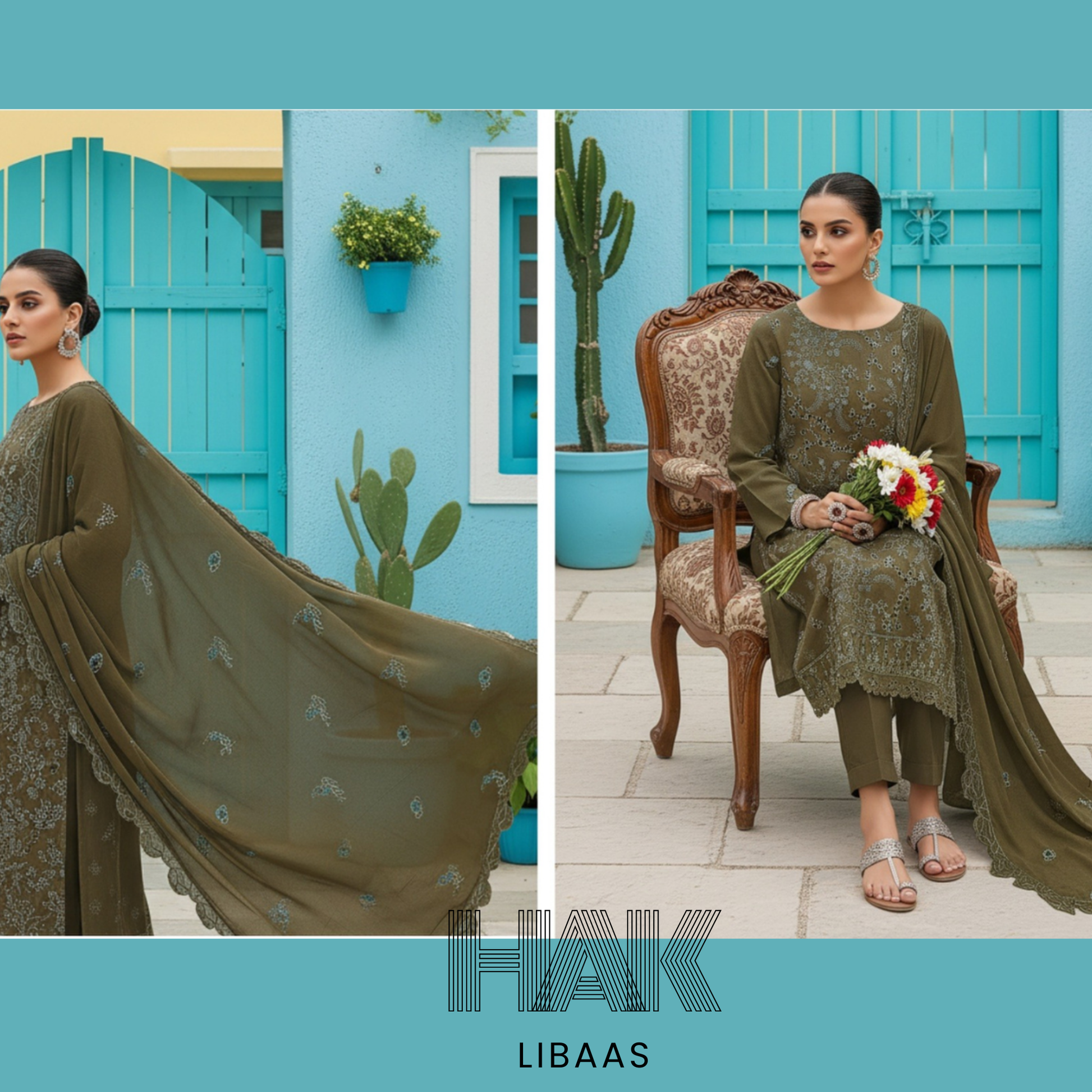 Peach Dhanak Embroidered 3 Piece Suit with Sequence & Laser Cut Lace by HAK Libaas - HF-206F