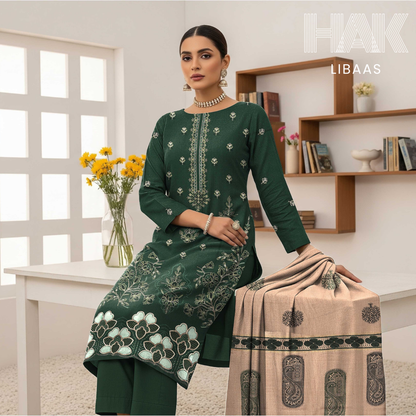 HAK Libaas DF-205A Premium Bana Dora Dhanak Embroidered 3 Piece Suit with Velvet Jacquard Shawl