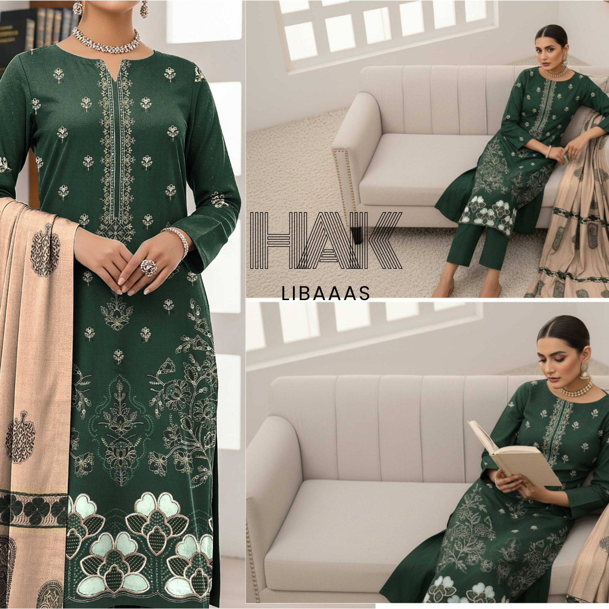 HAK Libaas DF-205A Premium Bana Dora Dhanak Embroidered 3 Piece Suit with Velvet Jacquard Shawl