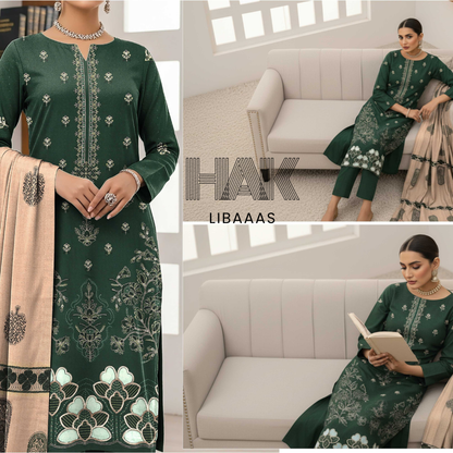 HAK Libaas DF-205A Premium Bana Dora Dhanak Embroidered 3 Piece Suit with Velvet Jacquard Shawl