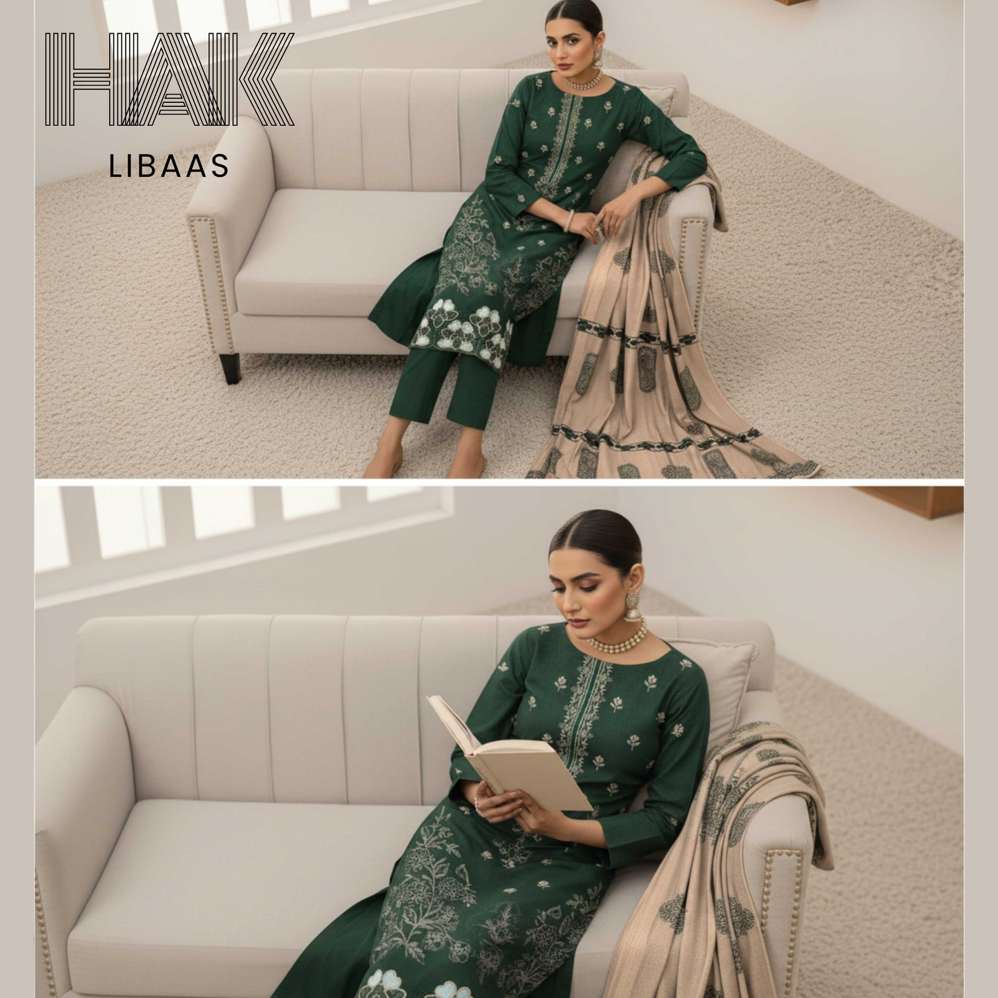 HAK Libaas DF-205A Premium Bana Dora Dhanak Embroidered 3 Piece Suit with Velvet Jacquard Shawl