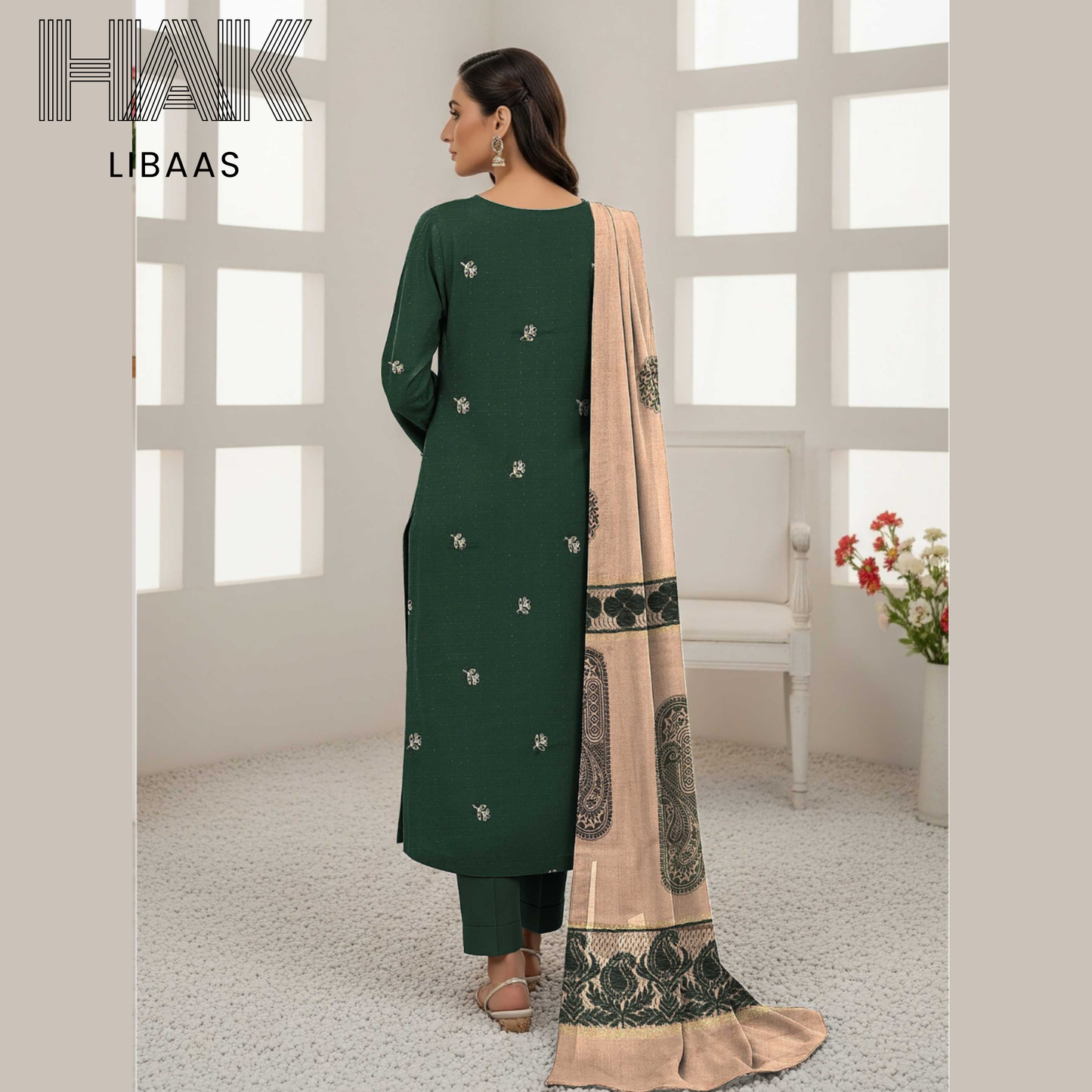 HAK Libaas DF-205A Premium Bana Dora Dhanak Embroidered 3 Piece Suit with Velvet Jacquard Shawl