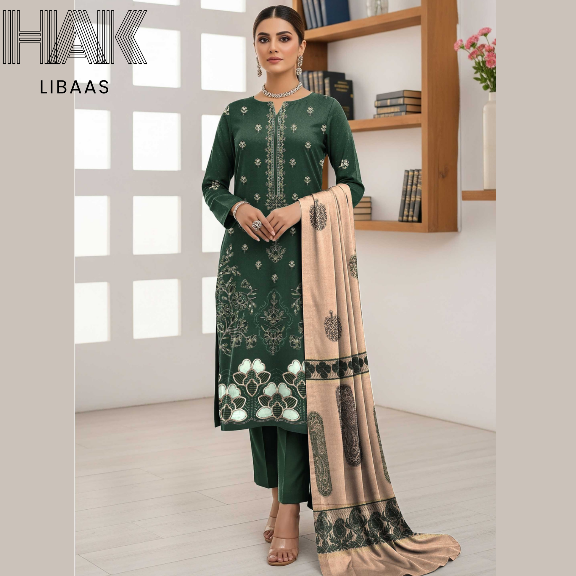 HAK Libaas DF-205A Premium Bana Dora Dhanak Embroidered 3 Piece Suit with Velvet Jacquard Shawl