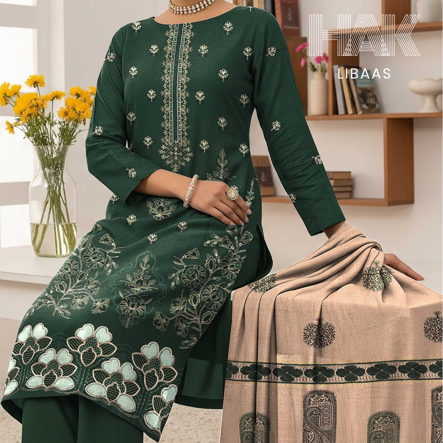 HAK Libaas DF-205A Premium Bana Dora Dhanak Embroidered 3 Piece Suit with Velvet Jacquard Shawl