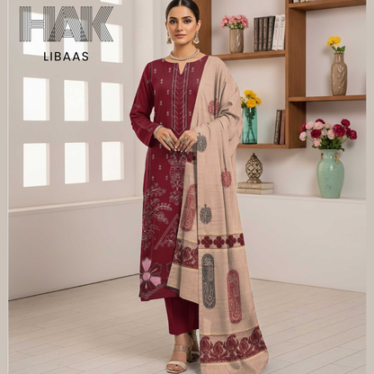 HAK Libaas DF-205B Premium Bana Dora Dhanak Embroidered 3 Piece Suit with Velvet Jacquard Shawl