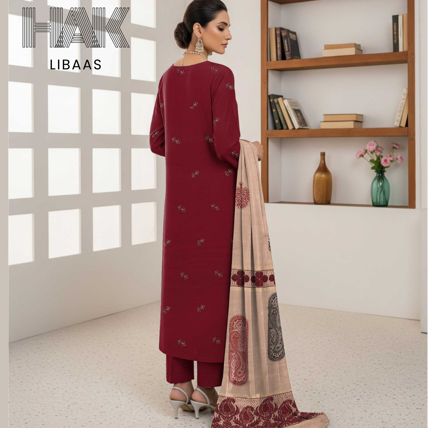HAK Libaas DF-205B Premium Bana Dora Dhanak Embroidered 3 Piece Suit with Velvet Jacquard Shawl