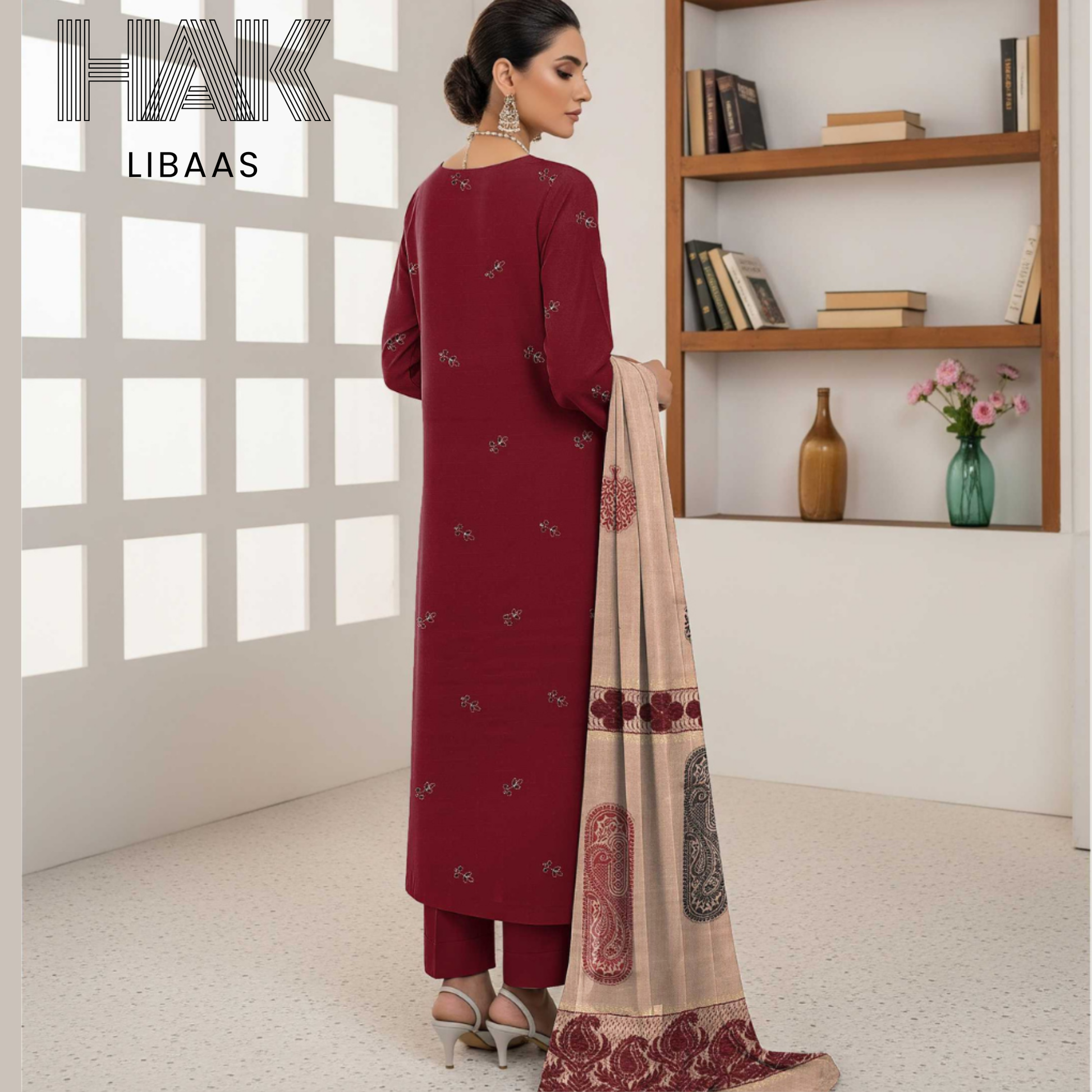 HAK Libaas DF-205B Premium Bana Dora Dhanak Embroidered 3 Piece Suit with Velvet Jacquard Shawl