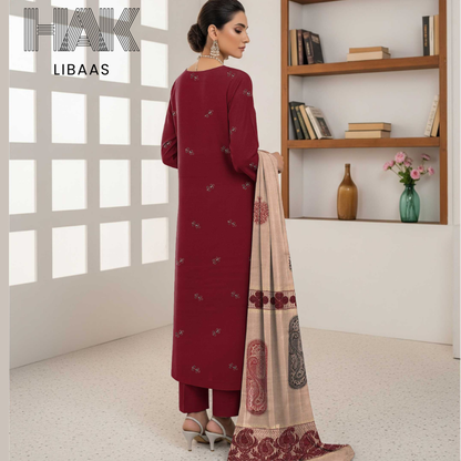 HAK Libaas DF-205B Premium Bana Dora Dhanak Embroidered 3 Piece Suit with Velvet Jacquard Shawl