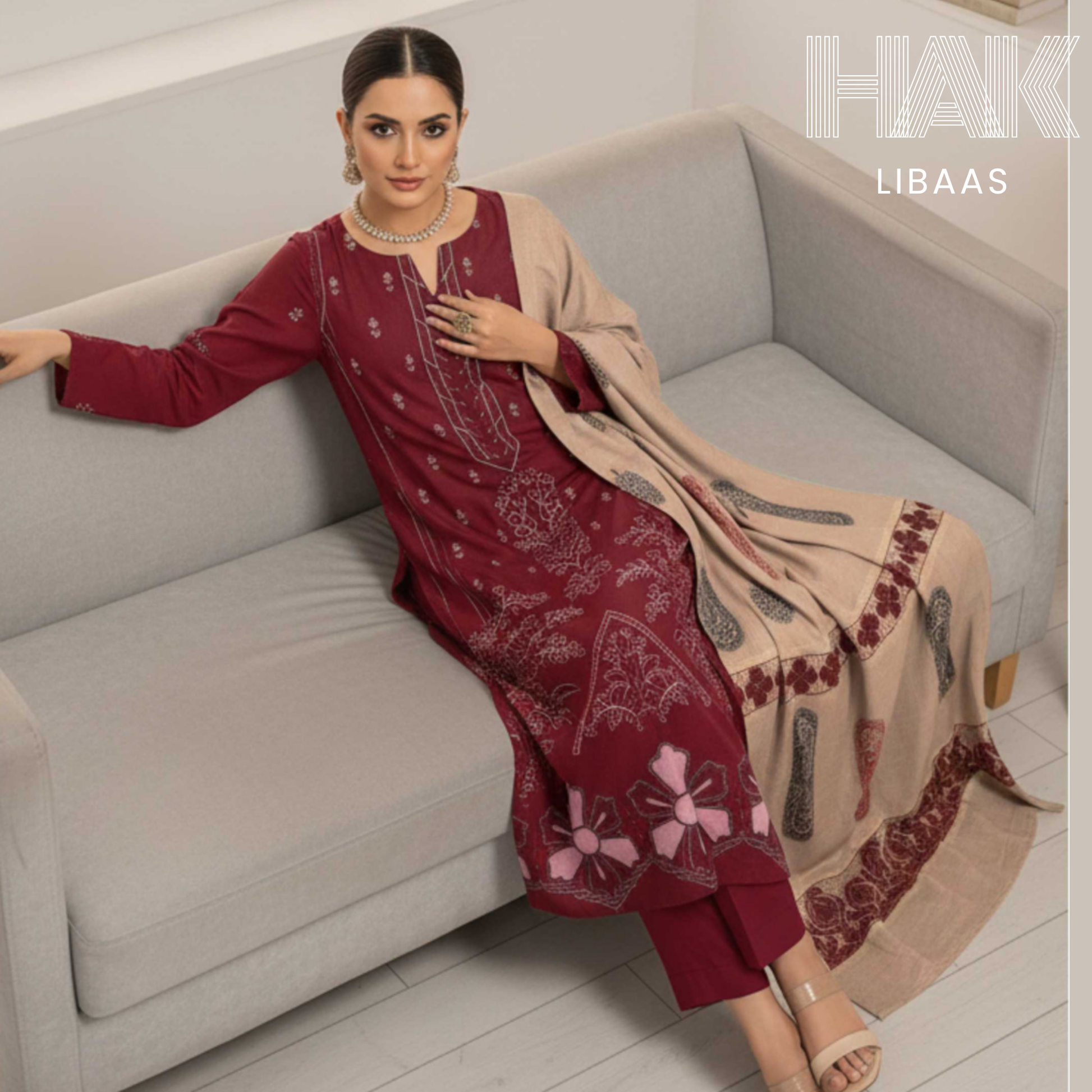 HAK Libaas DF-205B Premium Bana Dora Dhanak Embroidered 3 Piece Suit with Velvet Jacquard Shawl