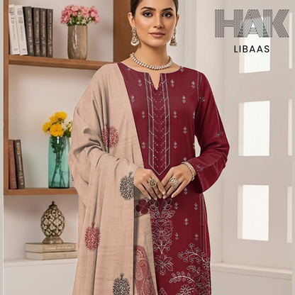 HAK Libaas DF-205B Premium Bana Dora Dhanak Embroidered 3 Piece Suit with Velvet Jacquard Shawl