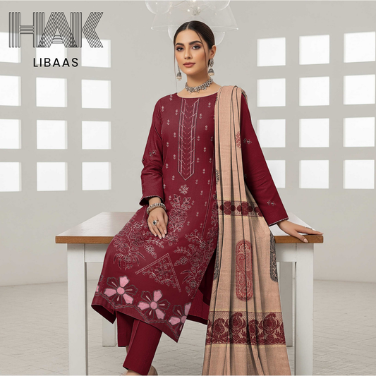 HAK Libaas DF-205B Premium Bana Dora Dhanak Embroidered 3 Piece Suit with Velvet Jacquard Shawl