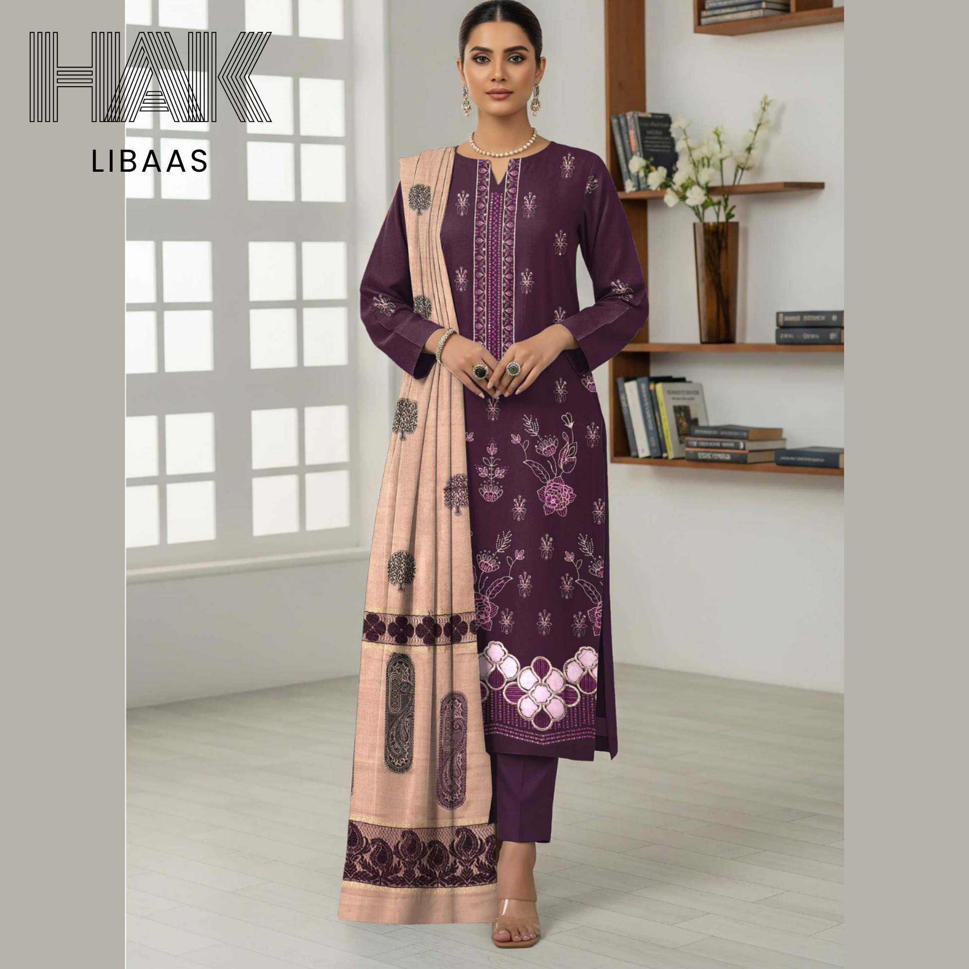 HAK Libaas DF-205C Premium Bana Dora Dhanak Embroidered 3 Piece Suit with Velvet Jacquard Shawl