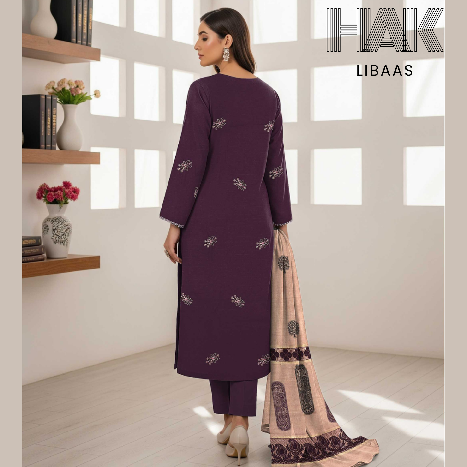 HAK Libaas DF-205C Premium Bana Dora Dhanak Embroidered 3 Piece Suit with Velvet Jacquard Shawl