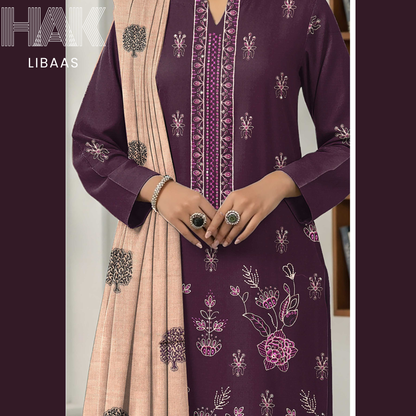 HAK Libaas DF-205C Premium Bana Dora Dhanak Embroidered 3 Piece Suit with Velvet Jacquard Shawl
