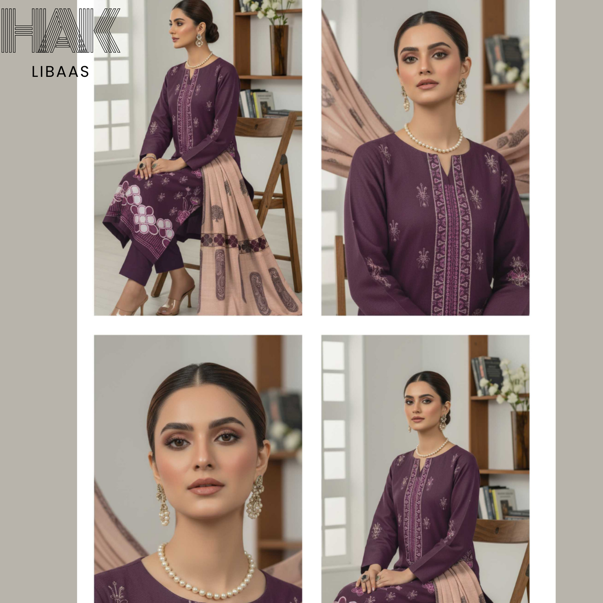 HAK Libaas DF-205C Premium Bana Dora Dhanak Embroidered 3 Piece Suit with Velvet Jacquard Shawl
