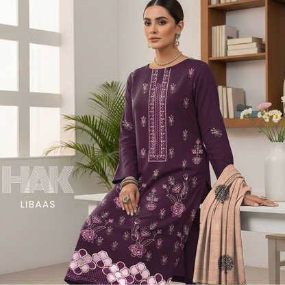 HAK Libaas DF-205C Premium Bana Dora Dhanak Embroidered 3 Piece Suit with Velvet Jacquard Shawl
