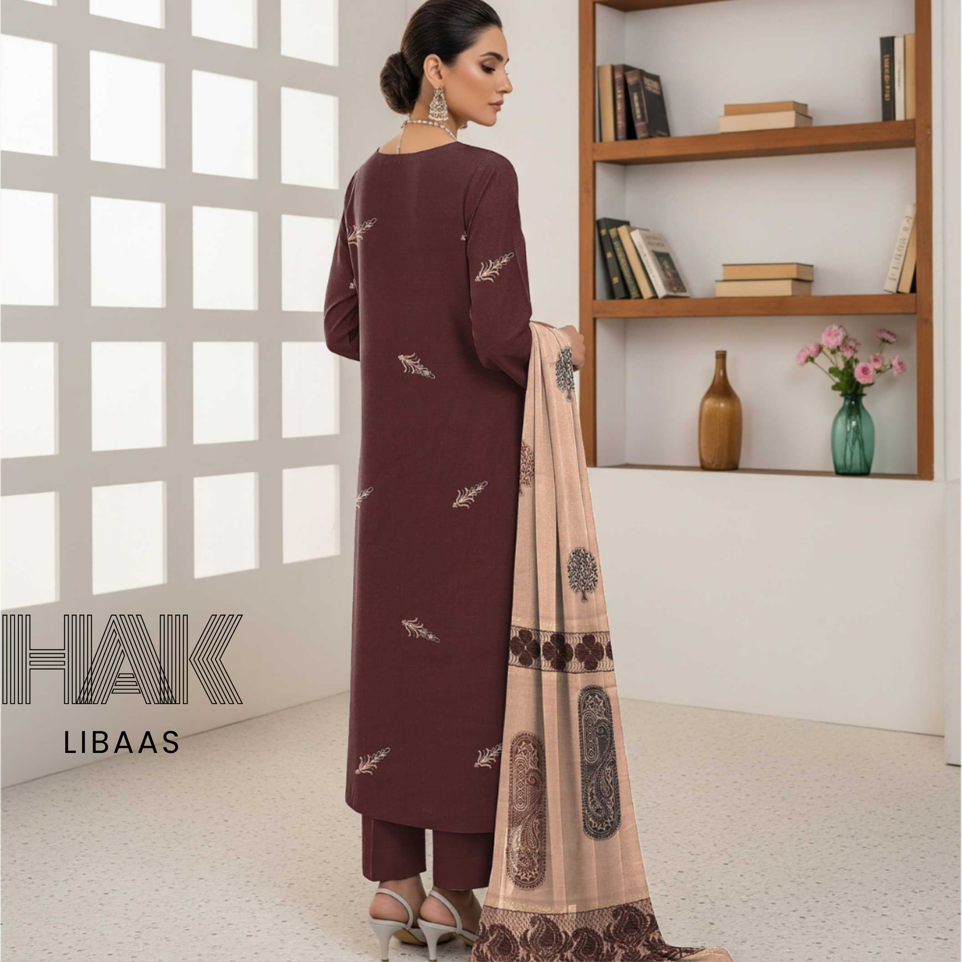 HAK Libaas DF-205D Premium Bana Dora Dhanak Embroidered 3 Piece Suit with Velvet Jacquard Shawl