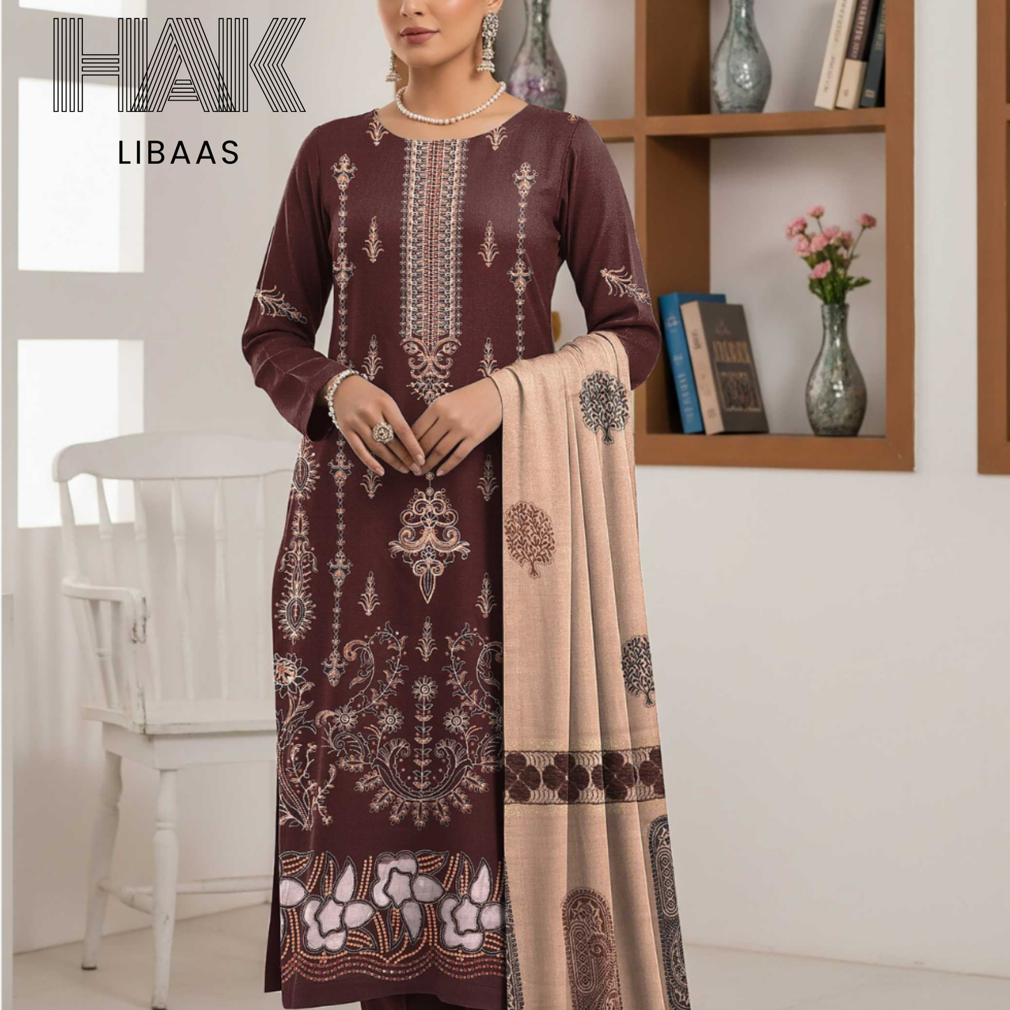 HAK Libaas DF-205D Premium Bana Dora Dhanak Embroidered 3 Piece Suit with Velvet Jacquard Shawl
