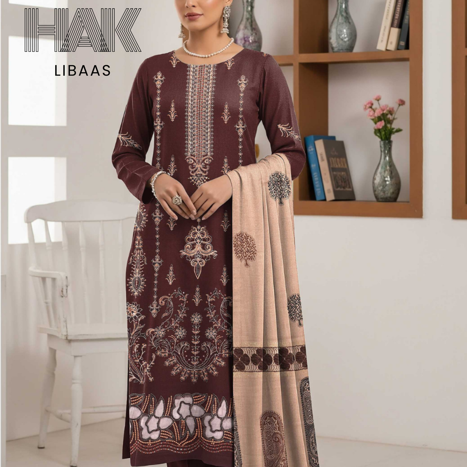 HAK Libaas DF-205D Premium Bana Dora Dhanak Embroidered 3 Piece Suit with Velvet Jacquard Shawl