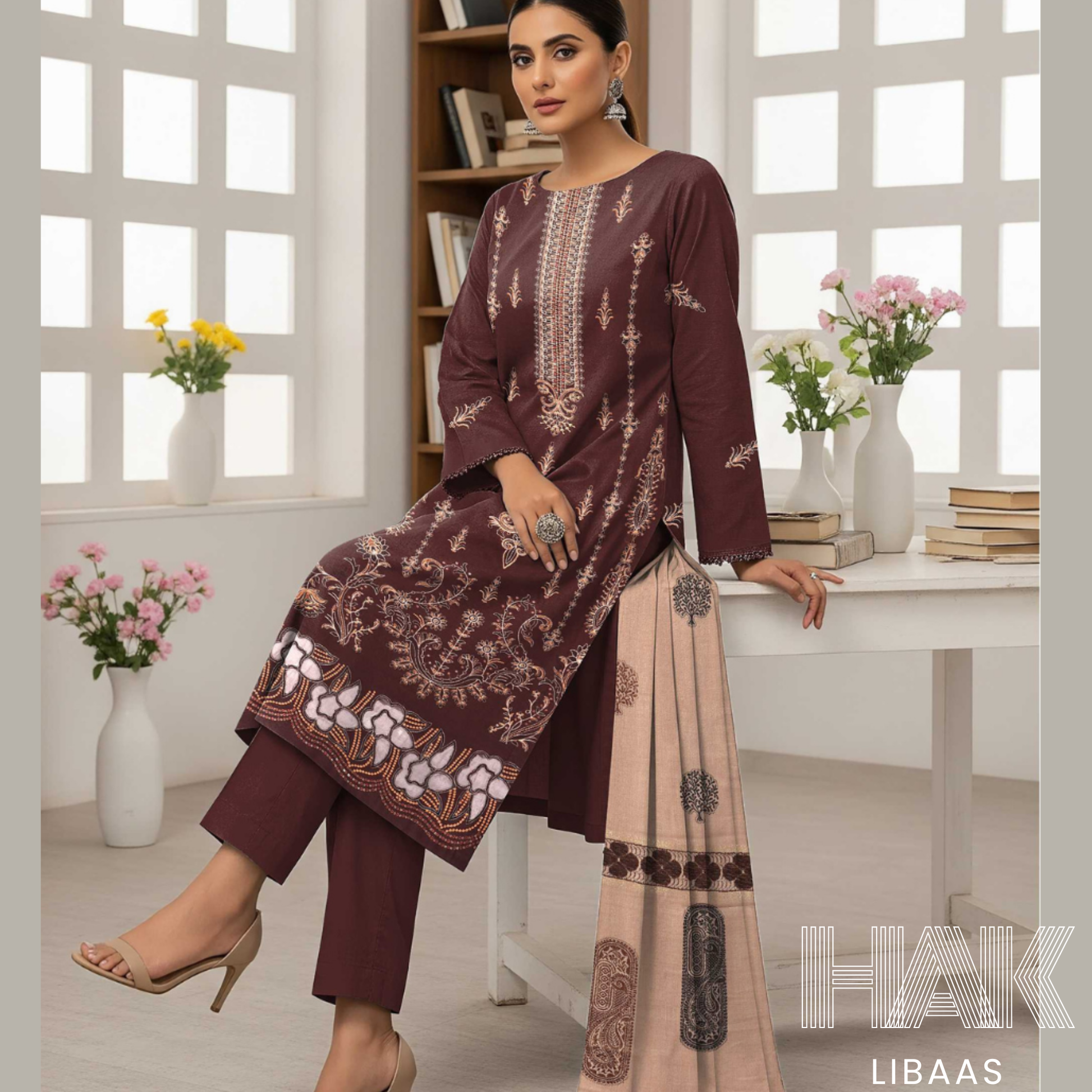 HAK Libaas DF-205D Premium Bana Dora Dhanak Embroidered 3 Piece Suit with Velvet Jacquard Shawl