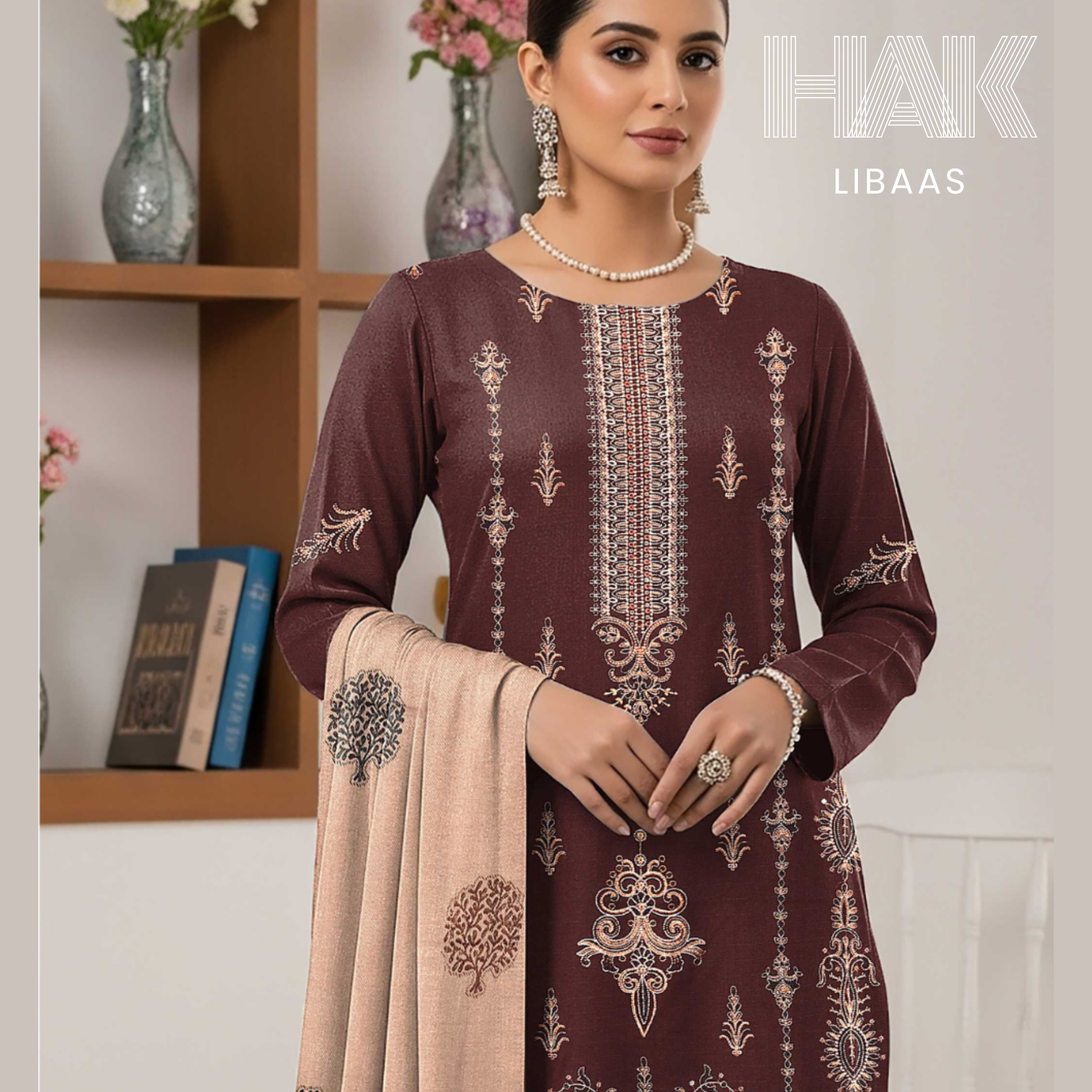 HAK Libaas DF-205D Premium Bana Dora Dhanak Embroidered 3 Piece Suit with Velvet Jacquard Shawl