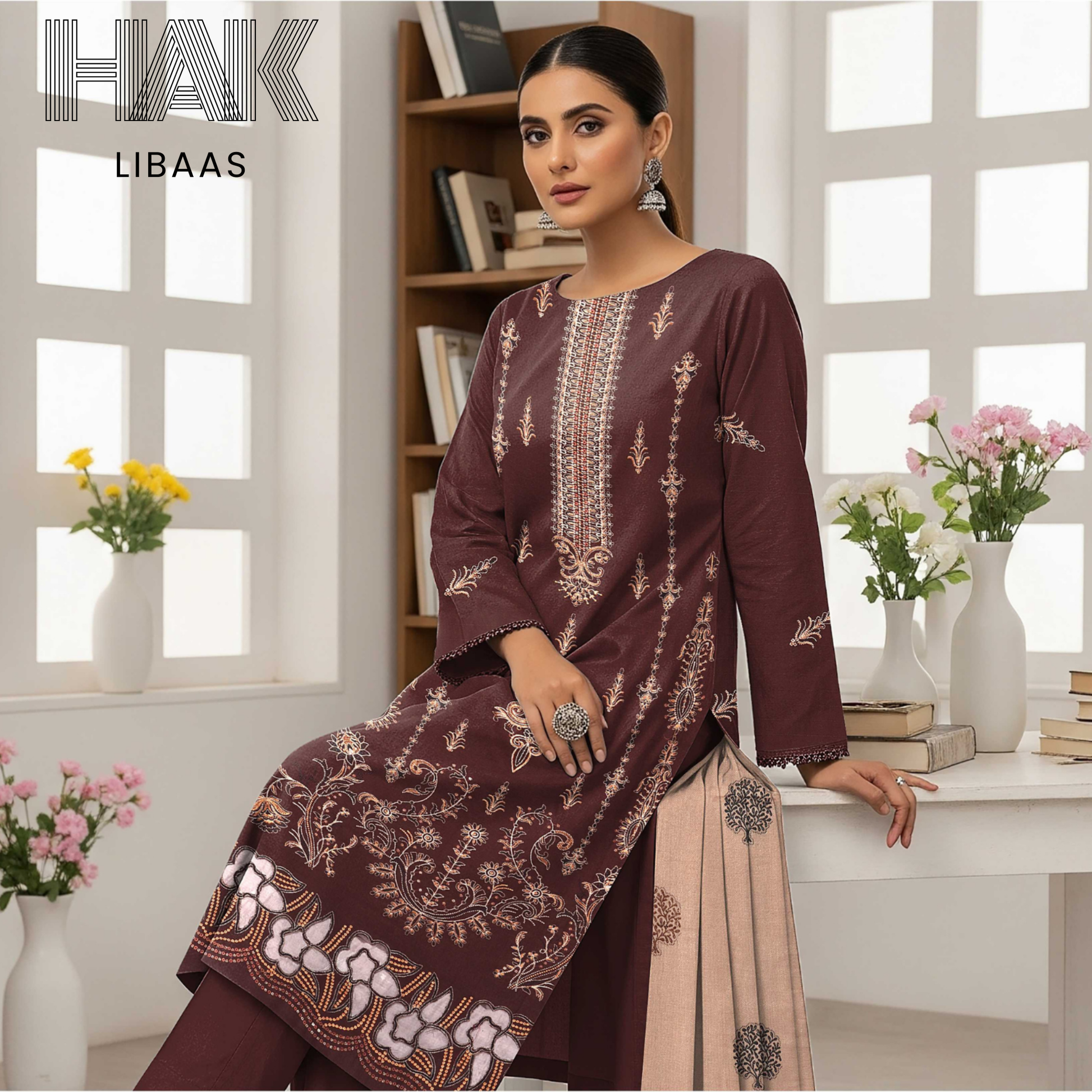 HAK Libaas DF-205D Premium Bana Dora Dhanak Embroidered 3 Piece Suit with Velvet Jacquard Shawl