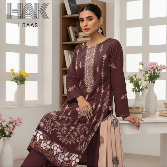 HAK Libaas DF-205D Premium Bana Dora Dhanak Embroidered 3 Piece Suit with Velvet Jacquard Shawl