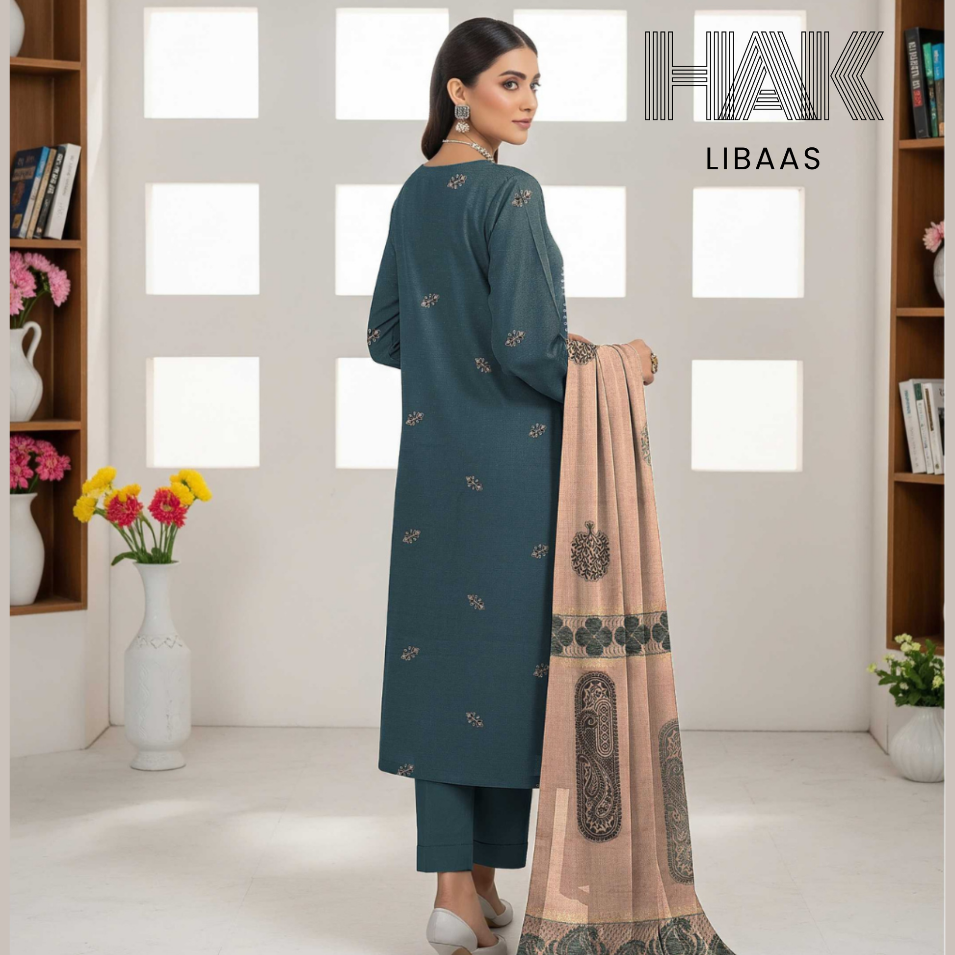 HAK Libaas DF-205E Premium Bana Dora Dhanak Embroidered 3 Piece Suit with Velvet Jacquard Shawl