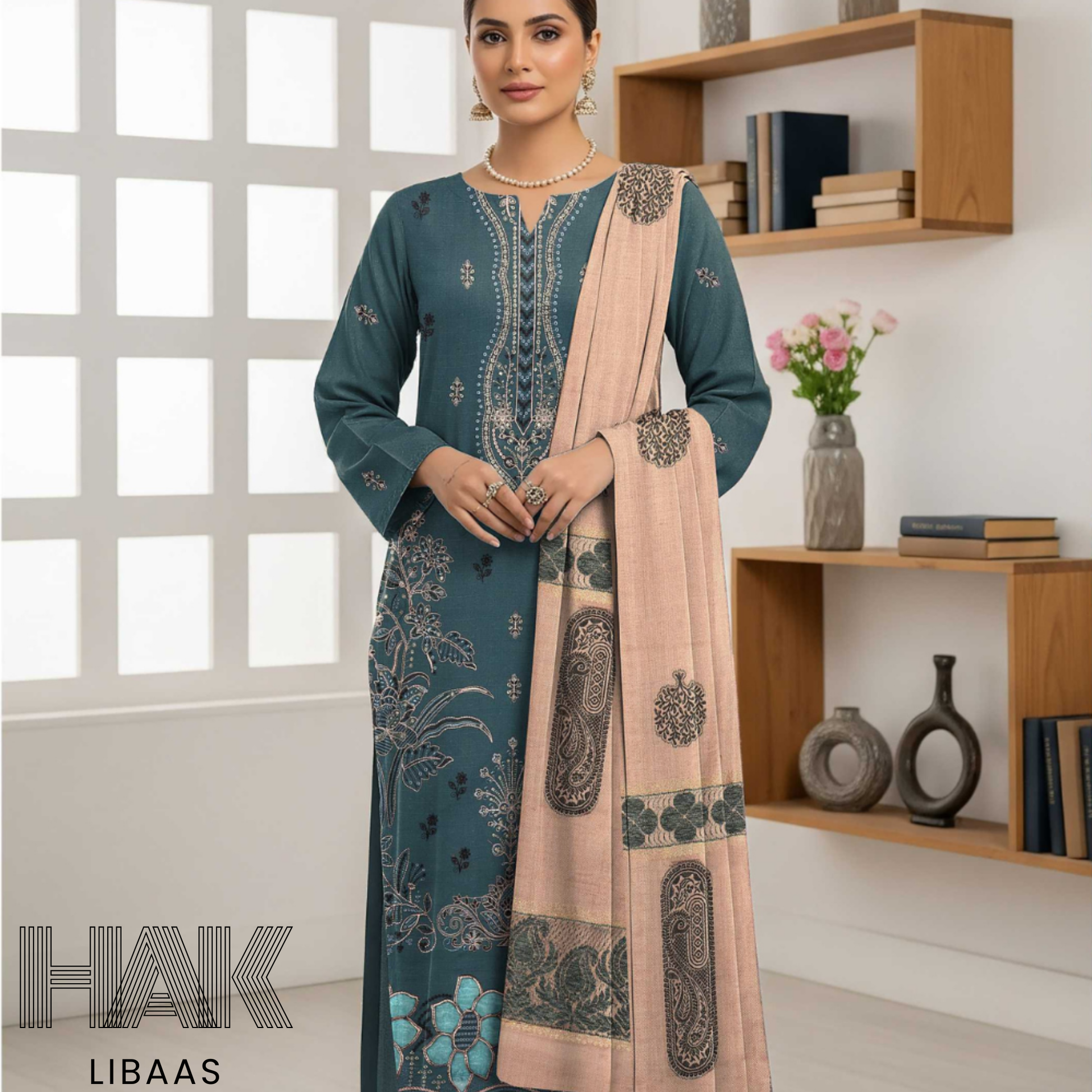 HAK Libaas DF-205E Premium Bana Dora Dhanak Embroidered 3 Piece Suit with Velvet Jacquard Shawl