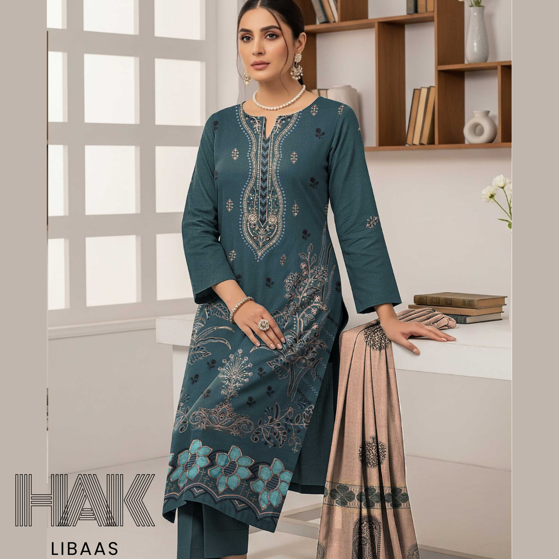 HAK Libaas DF-205E Premium Bana Dora Dhanak Embroidered 3 Piece Suit with Velvet Jacquard Shawl