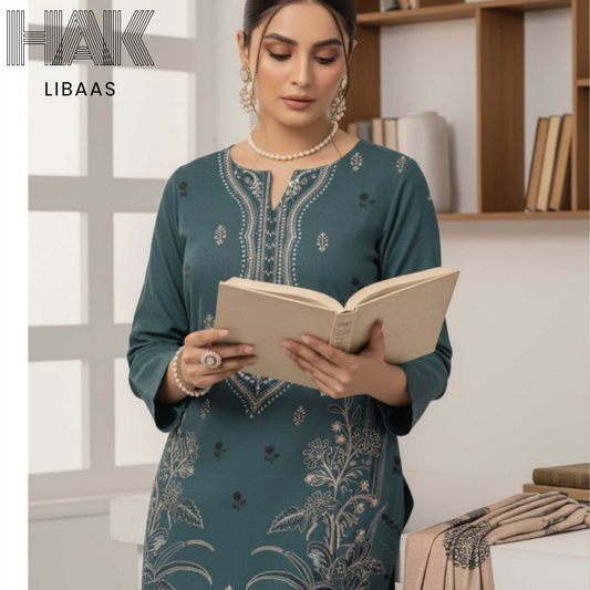 HAK Libaas DF-205E Premium Bana Dora Dhanak Embroidered 3 Piece Suit with Velvet Jacquard Shawl