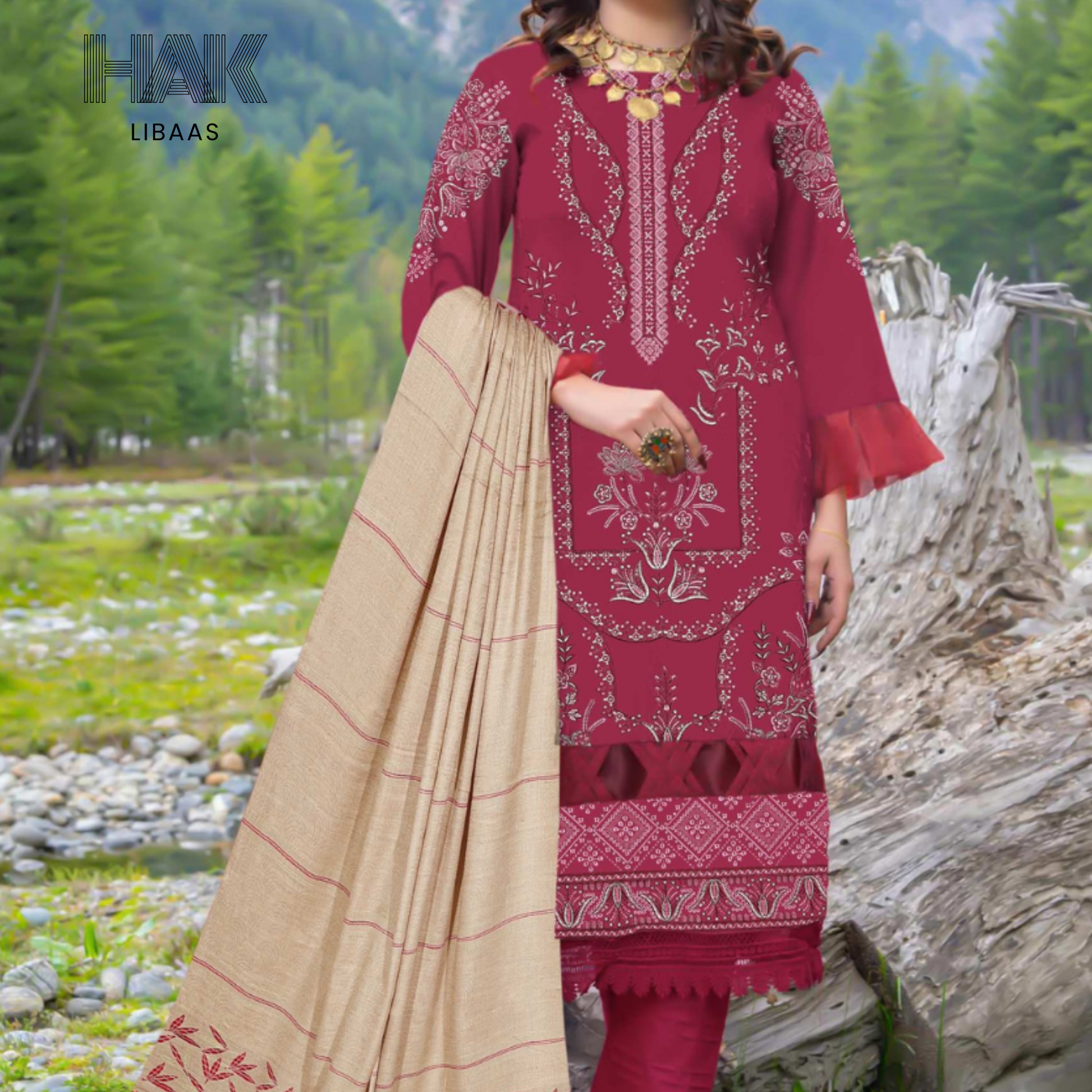 Luxury wool jacquard shawl with embroidered suit – HK-228A
