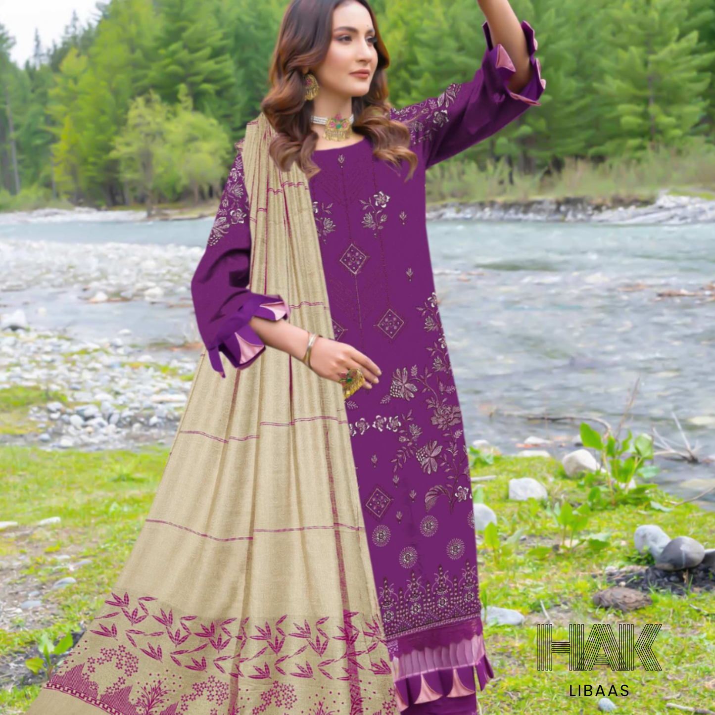 Luxury wool jacquard shawl with embroidered suit – HK-228C