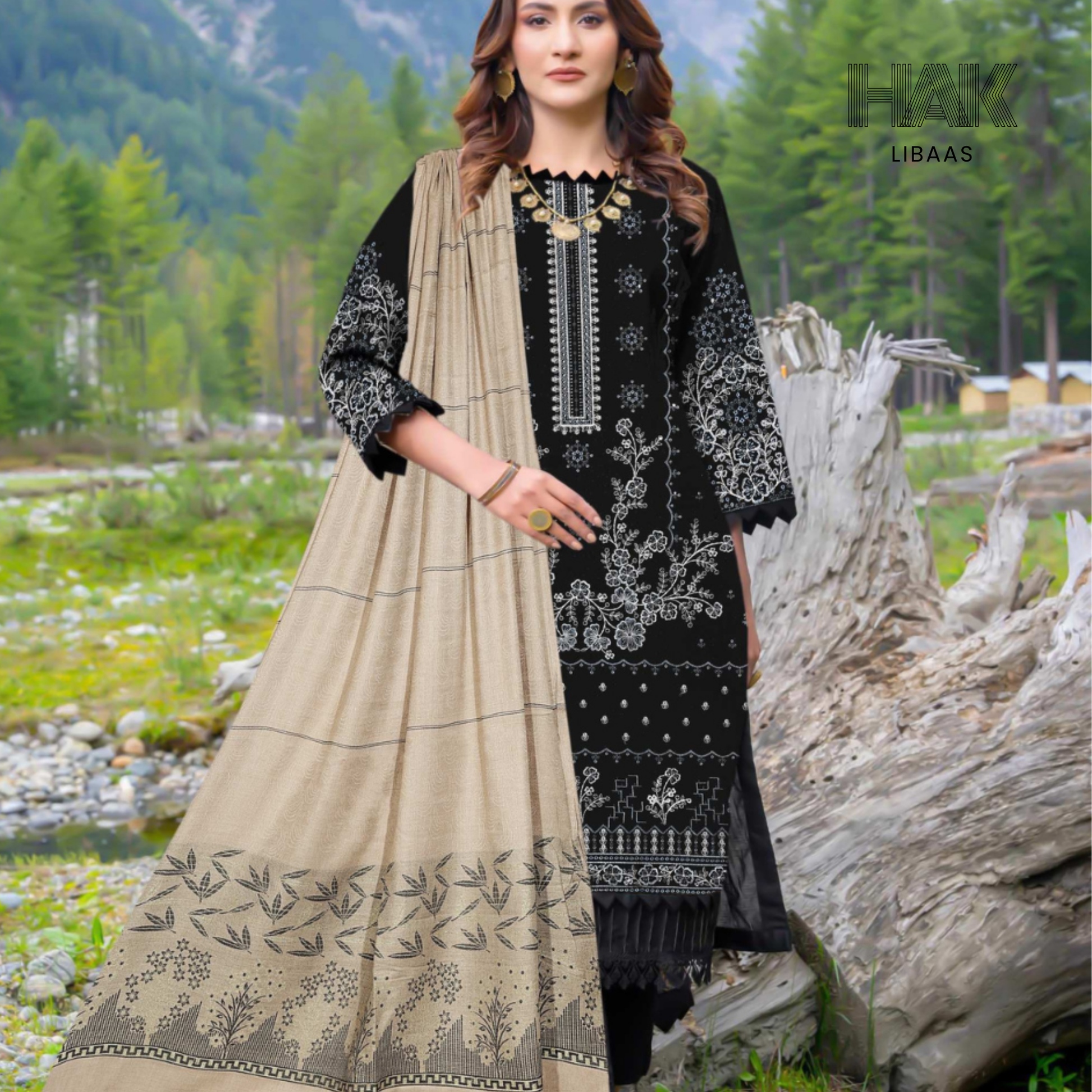 Luxury wool jacquard shawl with embroidered suit – HK-228D