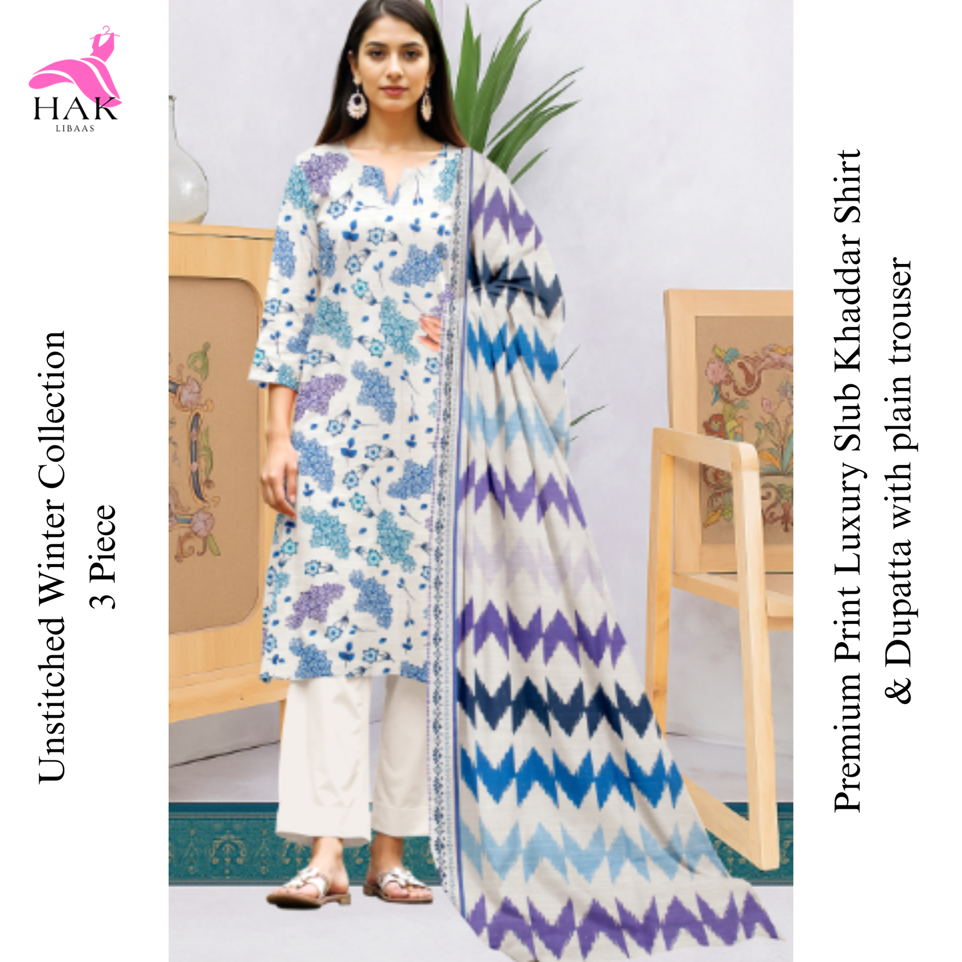 HAK Libaas Sapphire Inspired 3-Piece Slub Khaddar Suit HK-219